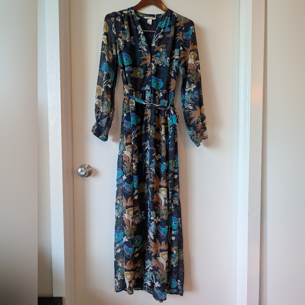 H&M Floral Long Sleeve Blue Maxi Dress Sz 2
